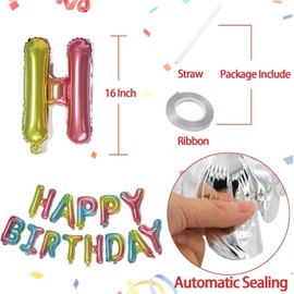 Lumjoy Rainbow Happy Birthday Balloons Banner,16 Inch Mylar Foil Letters Sign,Reusable Balloons for Women, Men, Boys & Girls Birthday Decorations Party Supplies