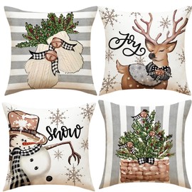 Christmas Cushion Covers - Xmax Decorative Pillow Case 18 x 18 Set of 4 Retro Vintage Decor Throw Pillow Covers for Home Indoor Sofa Christmas Decor