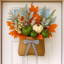 Dingion Fall Pumpkins Front Door Basket Hanging Autumn Hanger Basket Wreath with Artificial Eucalyptus Leaves Pumpkins Berries Maples Leaf Farmhouse Harvest Decorations for Front Door Windows