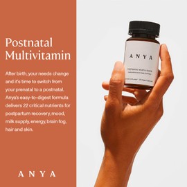 ANYA Postpartum Multivitamin, Postnatal Vitamin for Women Breastfeeding, 30 Capsules - Vitamins A, C, D3, Zinc, B12, Biotin, Folate and Iron - 100% Vegan, Non-GMO, Gluten Free, Baby Shower Gifts