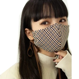 Azem sacheck-mask-jpku Women's Cream with Nose Wire Checkered Bowknot Ribbon Mask Washable Mask Cool Feel