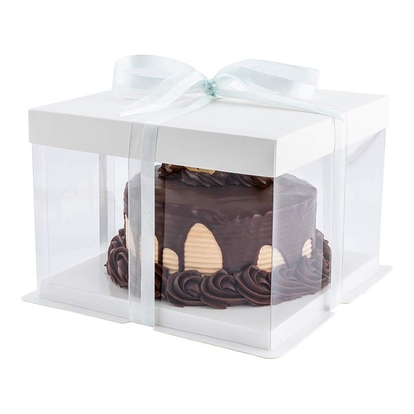 Restaurantware Sweet Vision 8.5 Inch x 6.75 Inch Transparent Cake Boxes, 10 Grease Resistant Base Clear Cake Boxes - White Lid, Gray Ribbon, Plastic Birthday Cake Boxes, For Weddings Or Birthdays