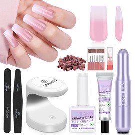 Saviland Nail Tip and Glue Gel Kit Nail Tip Kit with UV Light:4X Soft Gel X Nails Long Square White Pink Ombre 256pcs Full Cover Gel Nail Tip Gel Nail Glue Portable UV Nail Tip Nail Drill Kit Home