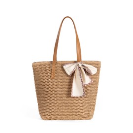 Large Straw Beach Bag for Women, Handwoven Rattan Tote Bag with Zipper, Summer Shoulder Purse for Travel, Work(with Silk Scarf)