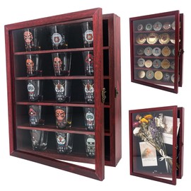 FramePro 11x14 Display Case with Adjustable Shelves Cherry, 4-Tier Memory Shadow Box for Wall, Deep Wooden Keepsake Display Shelf with Locking Door for Memorabilia, Photos, Medals, Wedding, Home Decor