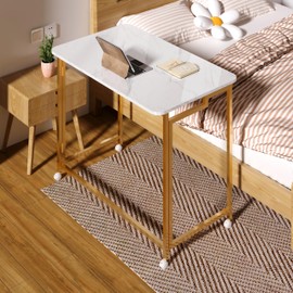 4NM 27.5" Mobile Small Rolling Computer Desk, Folding Laptop Cart Table with Wheels, Portable Office Desk for Small Space Couch Bed - White and Golden