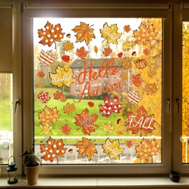 Whaline 6 Sheet Thanksgiving Fall Window Clings Hello Autumn Orange-Brown Pine Cones Maple Leaves Reusable Window Decals for Holiday Home Window Glass Decor