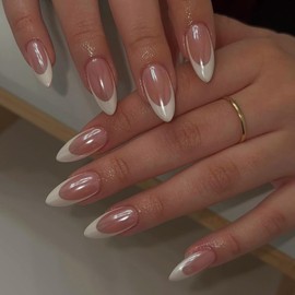 Glazed Donut White French Tip Press on Nails Almond, Nude French Chrome Nails Press ons for Women, Aurora Glue on Nails Medium Length, Reflective Mirror Acrylic Nails Light Weight Fit Perfectly