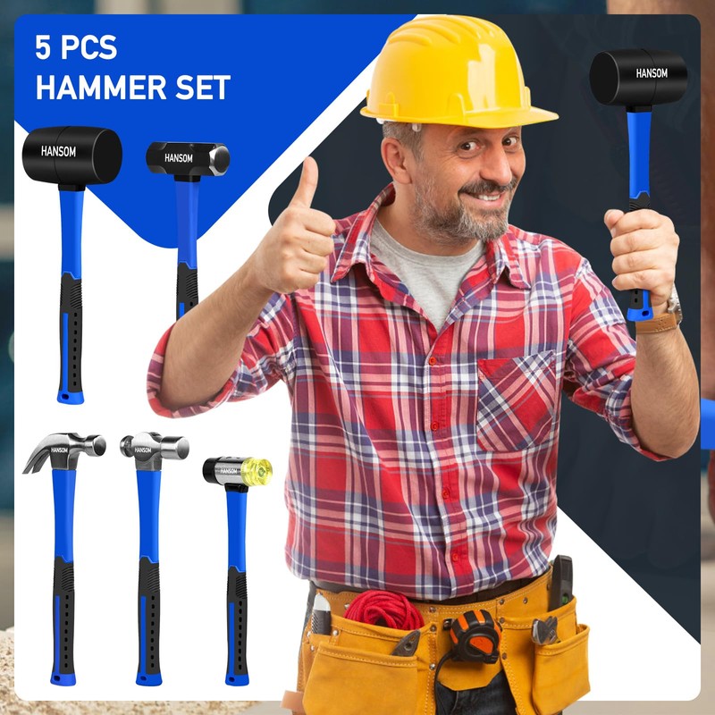 HANSOM 5-Pack Hammer Set,Rubber Mallet 32oz, Double-Faced Mallet 22oz,16oz Claw