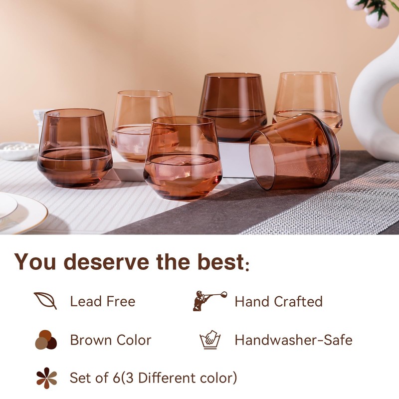 Colorsavant Venus Stemless Brown Wine Glasses Set 6-14oz, Melanin Colored,