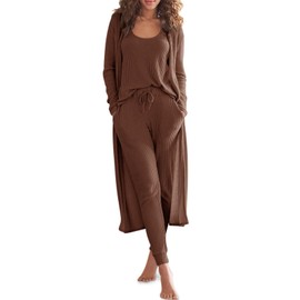 Eurivicy Womens Lounge Set Waffle Knit 3 Piece Pajama Sets Tank Tops Loose Pants with Long Cardigan Loungewear 2024 Brown