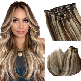 Remy Clip in Hair Extensions Human Hair Ash Brown and Platinum Blonde Real Hair Extensions Clip on Human Hair 22 Inch Long Seamless Clip in Extensions Brown with Blonde Human Hair Pieces 70g 7pcs