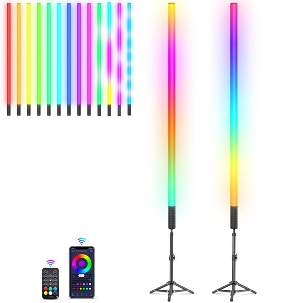 LUXCEO 2Pack RGB Tube Light Bar(4FT) with Light Stand, Battery