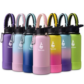 Farsea Insulated Water Bottle With Paracord Handle, Protective Boot and 2 Lids (Straw Lid & Spout Lid), Stainless Steel Water Bottle Wide Mouth, Double Wall Sweat-Proof BPA-Free, 32 oz