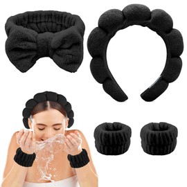 Mtxorvix 4 Pack Spa Makeup Headband Set, Headband Skincare Headband for Woman, Face Wash Wristband and Headband Set, for Skincare,Makeup Removal, Shower, Wrist Wash Bands for Women Girls (black, average)