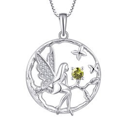 FJ Guardian Angel Necklace Pendant, 925 Sterling Silver, Angel Chain, Women's Fairy Butterfly Tree of Life Necklace with Birthstone, Cubic Zirconia Jewellery Gifts for Women and Girls, Peridot