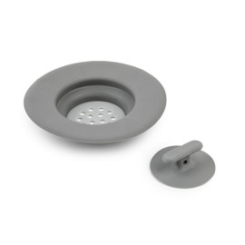 Core Kitchen Essential Sink Strainer with Stopper 5" Diameter - Stopper Conveniently Suctions to Sink Wall - Grey