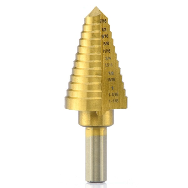 NEIKO 10189A Titanium Step Drill Bit, High-Speed Alloy Steel Bit, Hole Expander for Wood and Metal, 12 Step Sizes from 7/16 Inches to 1 1/8 Inches