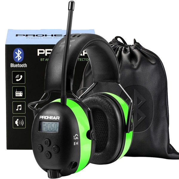 PROHEAR 033 Upgraded 5.3 Bluetooth Hearing Protection AM FM Radio Headphones, Noise Reduction Safety Earmuffs with Rechargeable 2000 mAH Battery, Ear Protector for Mowing Lawn Work - Green