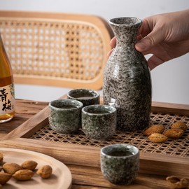Japanese Sake Set Sake Cups Tokkuri Bottle 10oz 1PC and Ochoko Cups 1.7oz 4pcs Stoneware Uaral(Emerald Green)