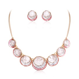 Flyonce Costume Statement Jewlery Sets for Women Bridal Wedding Jewelry Gifts, Pink Enamel Round Disc Necklace and Earrings Set for Cocktail Prom Party