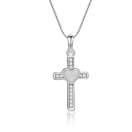 Cherished Moments Sterling Silver Cross Necklace with CZs and Open Heart for First Communion Gift for Girls, 16-18 Inch