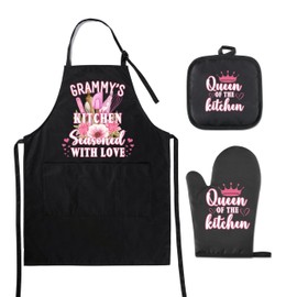 InnoBeta Grammy Gifts Apron Set of 3, Gifts for Grammy Apron Set with A Heat Resistant Kitchen Glove and A Pot Holder, Unique Grammy Gifts Apron Set for Birthday