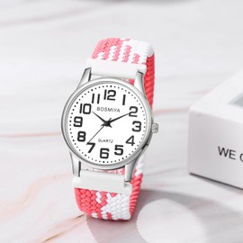 Lancardo Braided Elastic Strap Watch: Analog Quartz Green White Arabic Large Dial Casual Watch for Men Women Easy-to-Read Size M