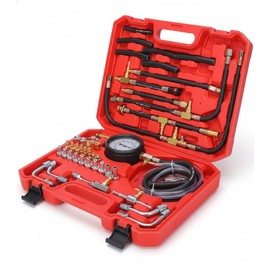 Fuel Injection Pressure Tester Kit 0-140 PSI, Universal Fuel Pump Pressure Gauge Set with Quick Release Valve, Reinforced Hoses & Multi-Size Adapters for Gasoline Engine Diagnostic (((TU-443Red)))