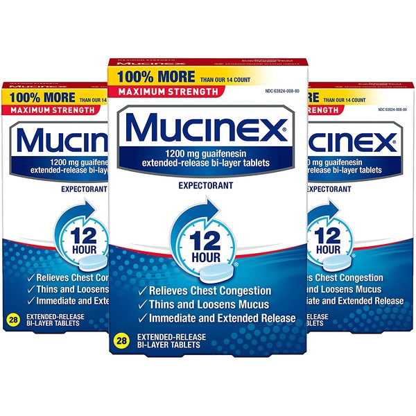 Mucinex 12 Hr Max Strength Chest Congestion Expectorant Tablets, 28 ea (Pack of 3)
