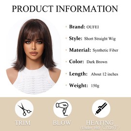 OUFEI Dark Brown Wigs for Women with Fringe Short Straight Bob Natural Curly Synthetic Hair Heat Resistant Wigs for Daily Party Cosplay Wear