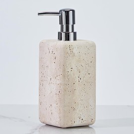 Ivory Travertine Soap Dispenser, Refillable Bathroom Liquid Dispenser with Stainless Steel Pump, Natural Organic Stone Hand Lotion Dispenser, Pump Bottle Dispenser for Bathroom and Kitchen Countertop