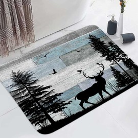MERCHR Rustic Blue Bath Rugs for Bathroom, Vintage Farmhouse Animal Deer Forest Pine Tree, Non Slip Flannel Bathroom Rug, Dry Fast Water Absorbent Bath Mats,16X24.