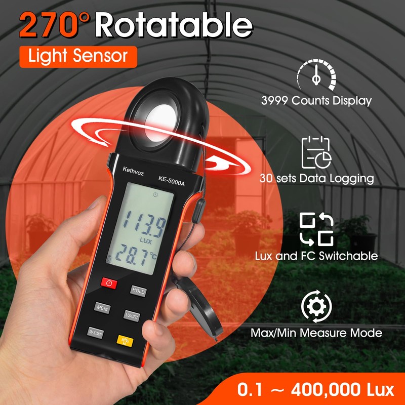 Kethvoz Digital Illuminance Light Meter, 400,000 Lux/FC Illuminance Tester with