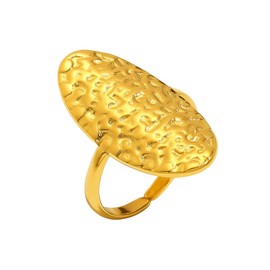 Adjustable Oval Hammered Statement Ring, 18K Gold Plated Stainless Steel Open Band, Textured Chunky Ring for Women, French Vintage Style