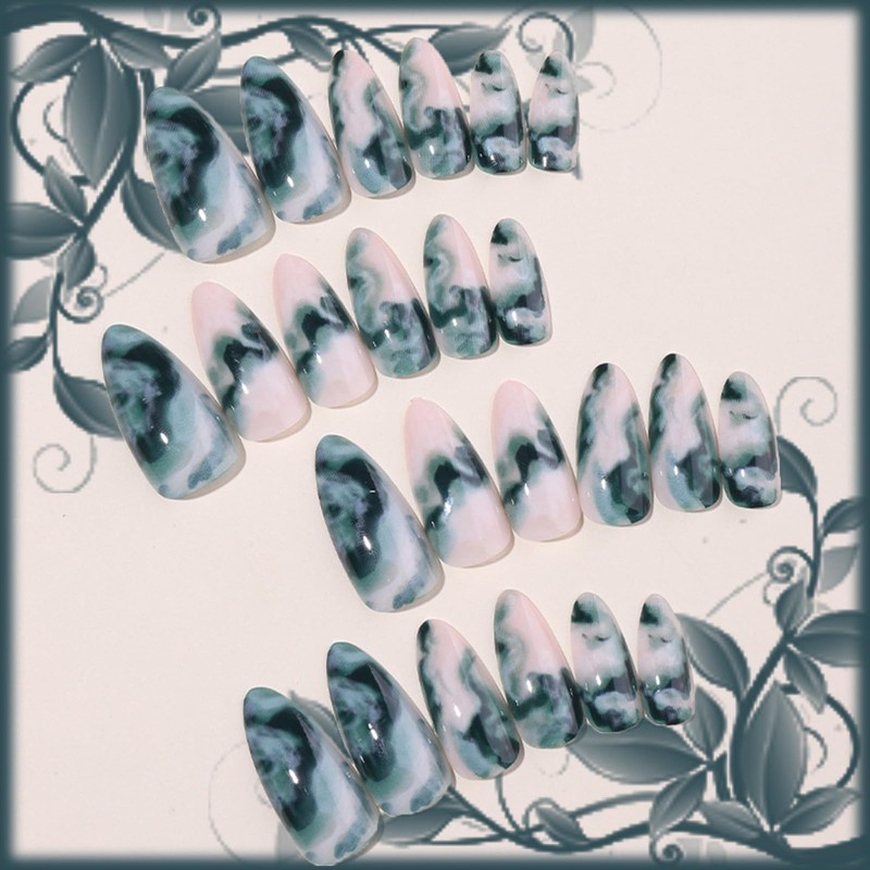 24Pcs Dark Green Marble Press on Nails with Curve Line