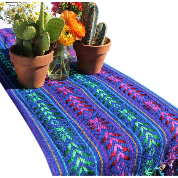 Del Mex Woven Rebozo Style Mexican Table Runner Scarf (Blue)