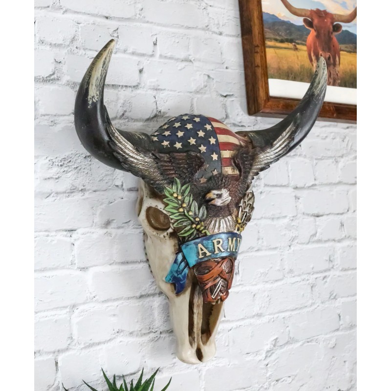 Western Patriotic Bull Cow Skull With American Flag Bald Eagle