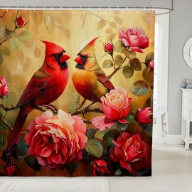 Erosebridal Cardinal Shower Curtain Set Red Rose Fabric Shower Curtain 72" Wx72 L,Romantic Flowers Bath Curtain Wild Animal Bird Waterproof Wall Art Bathroom Decor