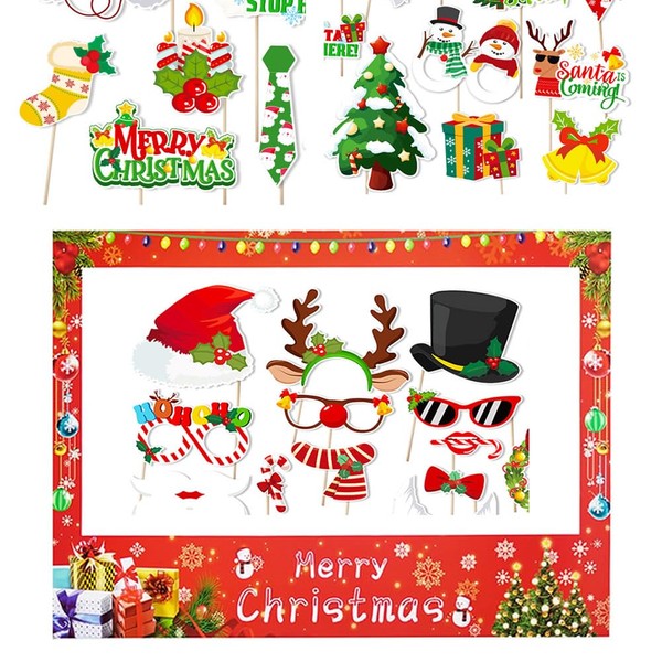 Dusenly 31pcs Christmas Photo Booth Props with Large Photo Booth