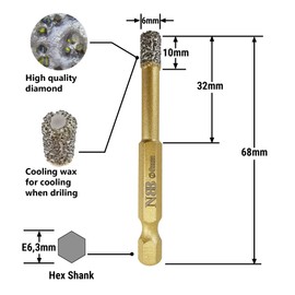 NBB Diamond Brazed Drill Bits with Hex Shank E6.3 mm, Quick Connection, Dry or Wet Drilling on Ceramic, Tiles, Granite, Marble, for Use with Wired or Wireless Drills (2.6 mm)