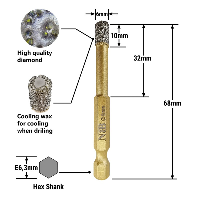 NBB Diamond Brazed Drill Bits with Hex Shank E6.3 mm,