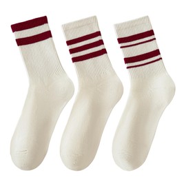 Arukora Red Striped Crew Socks, 3 Pairs Ankle Cotton Tube for Women Stripe Sport Calf Sock Size 5-9 White/Red