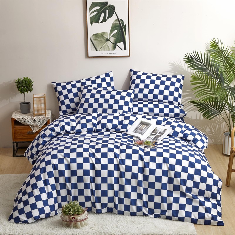 CLOTHKNOW Blue White Plaid Queen Comforter Set 3Pcs Grid Bedding