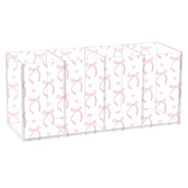 Aslsiy Cute Coquette Pink Bow Pen Holder White 4 Compartments Acrylic Pencil Holder Clear Makeup Brush Holder Desk Organizer Office Supplies