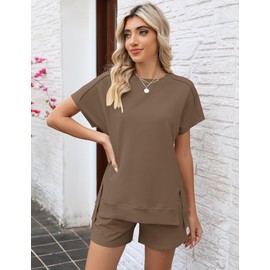 Rapbin Women's Short Pyjamas Cotton Plain Crew Neck Pyjamas Set with Elastic Waistband and Pockets, khaki, S