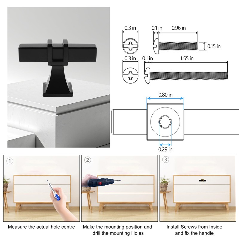 Redunest Matte Black Cabinet Handles, 2 Pack Square T Bar