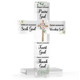 PVOPVO Cross Christian Gifts, Christian Bible Verse Artwork Inspirational Religious Gifts Decor for Mom Sister Floral Bible Verse Desk God Decor Knick Knacks