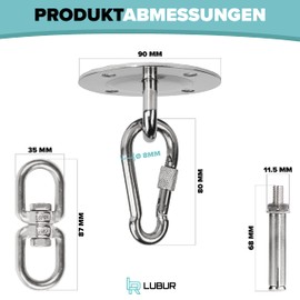 Lubur Heavy Duty Hook – TÜV SÜD Tested Ceiling Hook With 300 Kg Load Capacity – Perfect As A Punching Bag, Ceiling Mount Or Hammock Suspension – Complete Set With CE-Certification