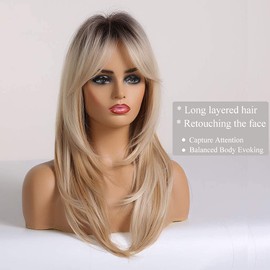 OUFEI 20 Inches Long Straight Blonde Layered Synthetic Hair Wigs for Women with Dark Roots for Daily Party Use